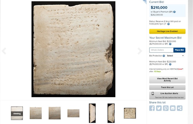 La plus ancienne tablette des dix commandements mise aux enchères en novembre 2016. - Capture d'écran Heritage Auctions