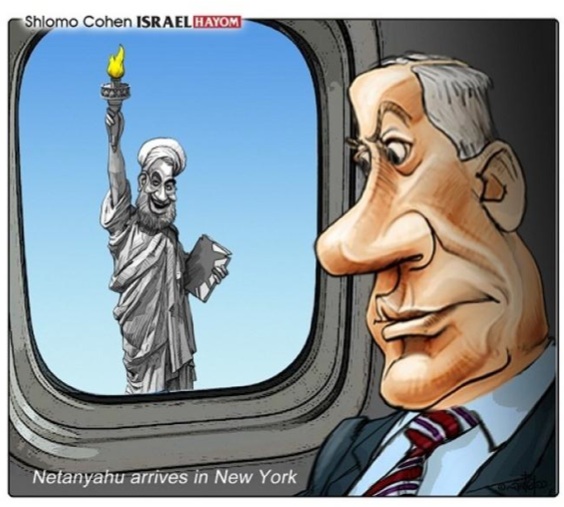 Netanyahu arrivant à New York  Caricature de Shlomo Cohen dans Israel Hayom