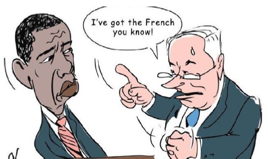 Netanyahu menaçant Obama : « Les français sont dans mon camp » Caricature d’Eran Wolkowski dans le Haaretz