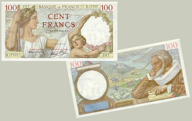 1939 > > 100 FR > > Recto > > Une femme et un enfant symbolisant la France > > Verso > > Maximilien de Béthune dit > > "Duc de Sully" > > 1559-1661 > > Maréchal de France