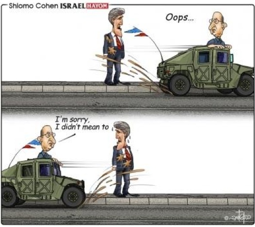 Kerry et Yaalon Caricature de Shlomo Cohen dans Israel Hayom 