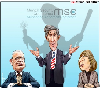    John Kerry, Tzipi Livni et Saeb Erekat à Munich Caricature de Shlomo Cohen dans Israël Hayom 