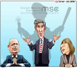 John Kerry, Tzipi Livni et Saeb Erekat à Munich Caricature de Shlomo Cohen dans Israël Hayom