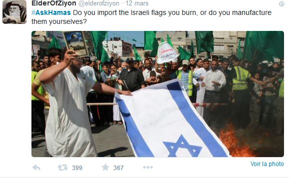 Est-ce que vous importez les drapeaux israéliens que vous brûlez, ou est-ce que vous les fabriquez vous-mêmes?