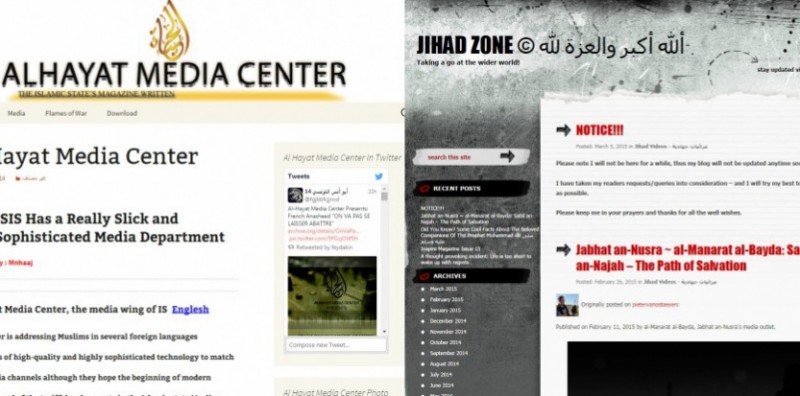 Les sites d'al Hayat Media Center et le blog Mujahida89 (Capture d'écran)