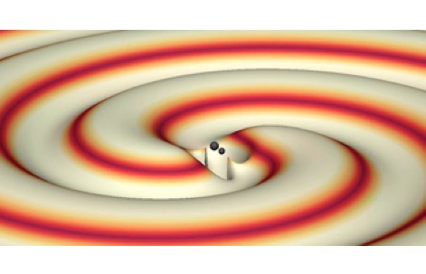 Simulation de l'évolution des deux trous noirs, juste avant leur fusion, et des ondes gravitationnelles qu'ils produisent. © Max Planck Institute for Gravitational Physics