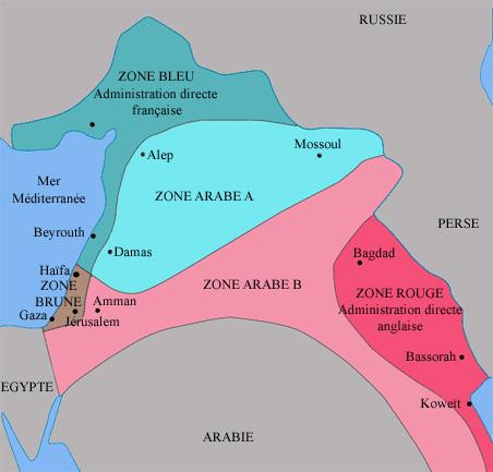 Carte du découpage du Moyen-Orient suivant les accords Sykes-Picot
