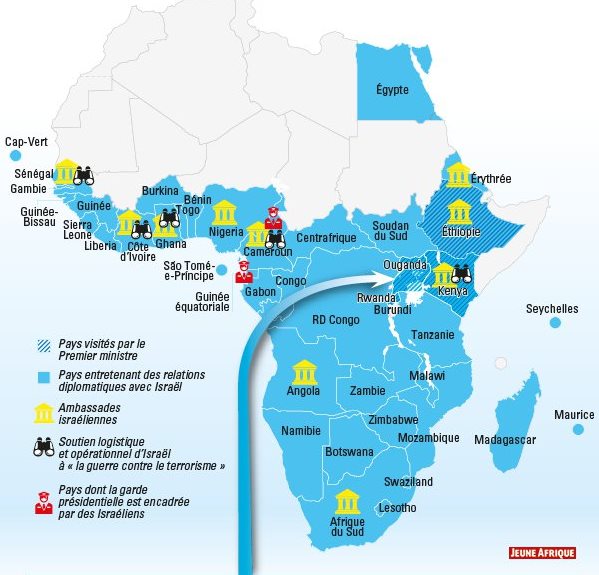 Carte des relations diplomatiques entre Israël et les pays Africains. Source @Jeuneafrique.com