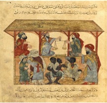 Marché d’esclaves de Zabid, au Yémen (manuscrit arabe, 13ème siècle, BNF) 